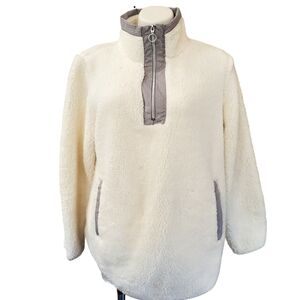 Womens 3/4 Zip Hoodie XL Soft Off White Fleece & Grey Trim NWOT